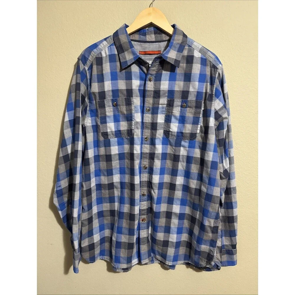 The North Face Mens Blue Gray Plaid Cotton Blend Flannel Button-Up Shirt Sz XL